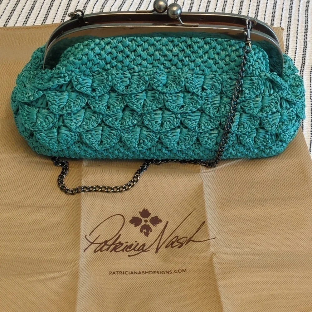 Patricia Nash Gisele Scalloped Raffia chain strap turquoise bag - Picture 2 of 7